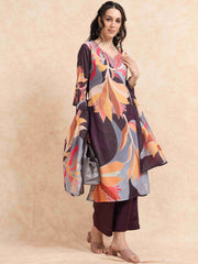 Wine Digital Printed Hand work Embroidered A-Line Kurti, Pant and Dupatta Set